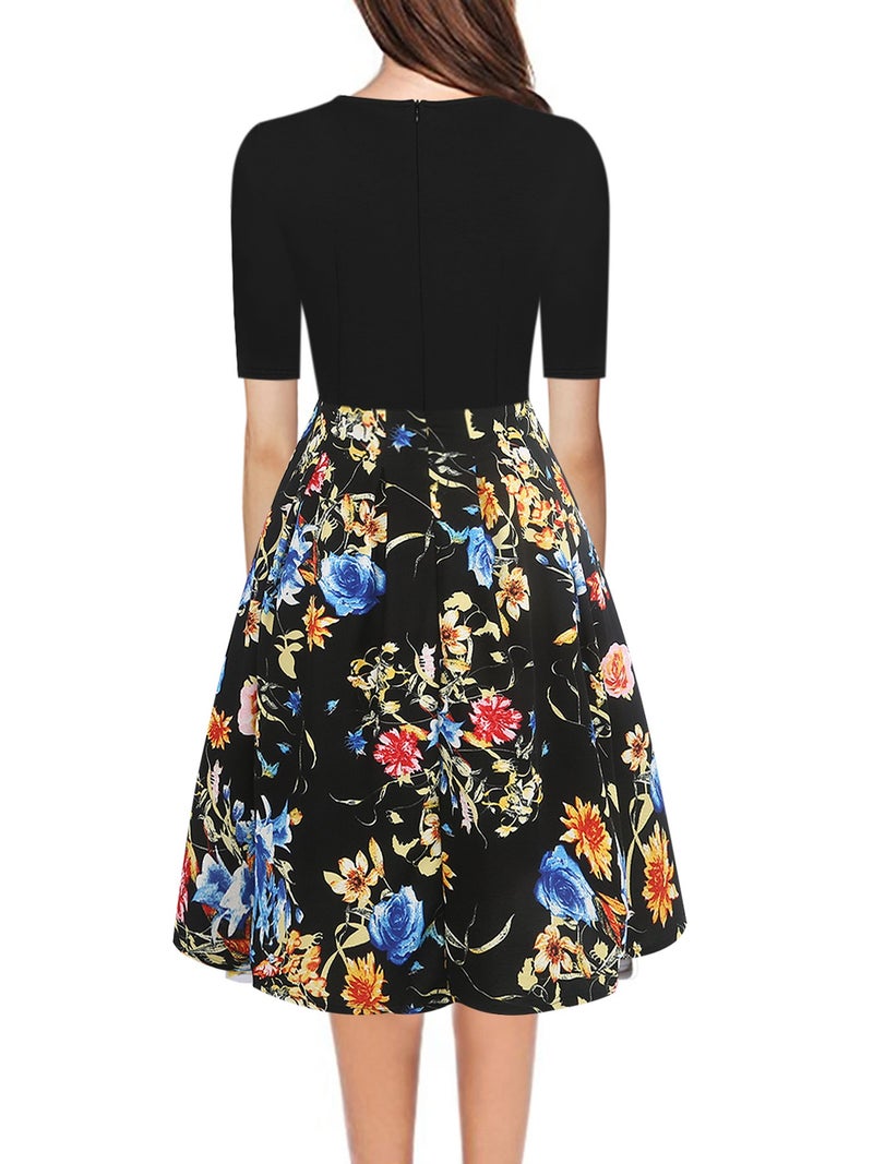 oxiuly Women's Vintage Patchwork Pockets Puffy Swing Casual Party Dress OX165 (Black Floral, l) - Image 2
